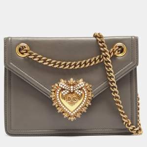 Pre Owned Dolce & Gabbana Grey Leather Devotion Chain Shoulder Bag