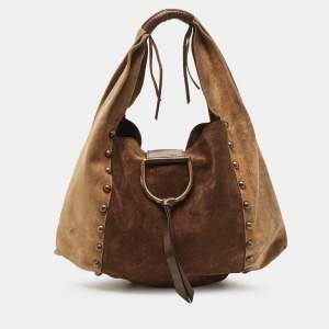 Dolce & Gabbana Beige/Brown Suede Studded D-Ring Flap Hobo