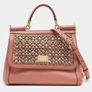 Pre Owned Dolce & Gabbana Old Rose Leather Medium Embellished Sicily Top Handle Bag