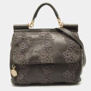 Pre Owned Dolce & Gabbana Grey Lace and Leather Large Miss Sicily Top Handle Bag