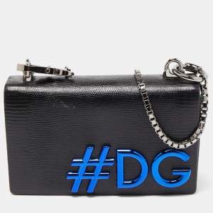 Pre Owned Dolce & Gabbana Black Lizard Leather DG Girls Hashtag Shoulder Bag