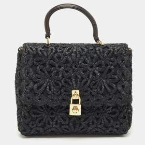 Pre Owned Dolce & Gabbana Black Straw and Leather Miss Dolce Top Handle Bag