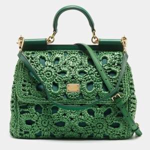 Pre Owned Dolce & Gabbana Green Straw Crochet Large Miss Sicily Top Handle Bag