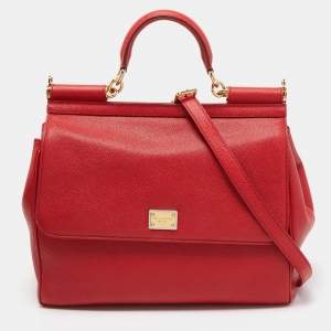Pre Owned Dolce & Gabbana Red Leather Large Miss Sicily Top Handle Bag