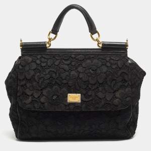 Dolce & Gabbana Black Crochet and Leather Large Miss Sicily Top Handle Bag