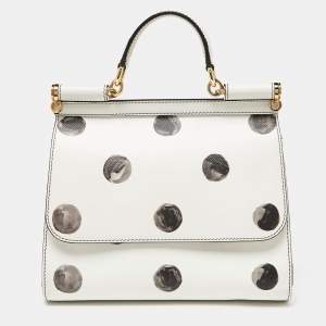 Pre Owned Dolce & Gabbana White/Black Polka Dot Leather Medium Miss Sicily Top Handle Bag