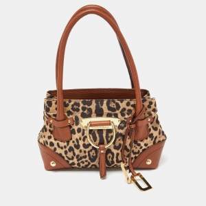 Pre Owned Dolce & Gabbana Beige/Brown Leopard Print Canvas and Leather Satchel