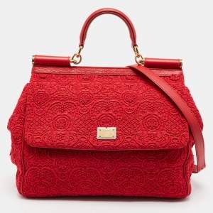 Pre Owned Dolce & Gabbana Red Lace and Leather Large Miss Sicily Top Handle Bag