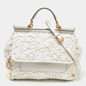 Pre Owned Dolce & Gabbana White Crochet and Leather Large Miss Sicily Top Handle Bag
