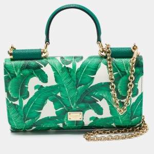 Pre Owned Dolce & Gabbana Green/White Printed Leather Miss Sicily Von Wallet on Chain