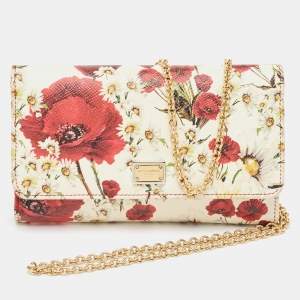 Pre Owned Dolce & Gabbana Multicolor Floral Print Leather Trifold Wallet on Chain