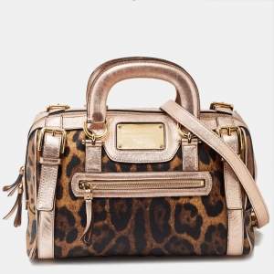Pre Owned Dolce and Gabbana Brown/Metallic Pink Leopard Print Coated Canvas Miss Easy Way Satchel