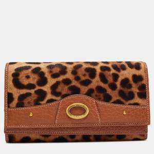 Dolce & Gabbana Brown/Beige Leopard Print Calfhair and Leather Double Flap Continental Wallet