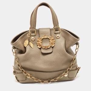Pre Owned Dolce & Gabbana Grey Leather Embellished Flap Tote
