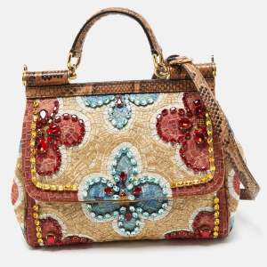 Dolce & Gabbana Multicolor Embroidered Fabric and Python Medium Miss Sicily Top Handle Bag