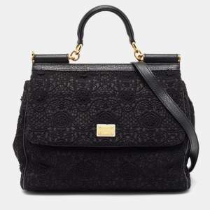 Dolce & Gabbana Black Crochet and Leather Large Miss Sicily Top Handle Bag