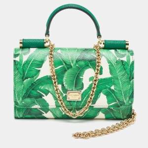 Pre Owned Dolce & Gabbana Green/White Printed Leather Miss Sicily Von Wallet on Chain