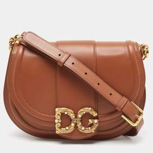 Pre Owned Dolce & Gabbana Brown Leather DG Amore Shoulder Bag
