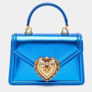 Pre Owned Dolce & Gabbana Metallic Blue Leather Small Devotion Top Handle Bag