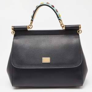 Dolce & Gabbana Black/Gold Leather Medium Miss Sicily Top Handle Bag