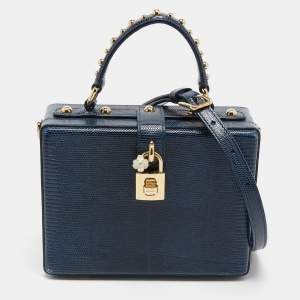 Pre Owned Dolce & Gabbana Blue Lizard Embossed Leather Rosaria Box Top Handle Bag