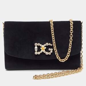 Dolce & Gabbana Black Velvet Crystal Logo Chain Clutch