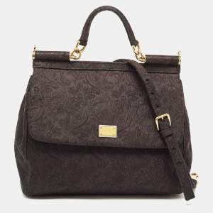 Pre Owned Dolce & Gabbana Black Brocade Fabric Large Miss Sicily Top Handle Bag