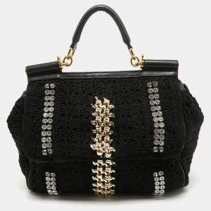 Dolce & Gabbana Black Crochet Fabric Large Crystal and Chain Miss Sicily Top Handle Bag