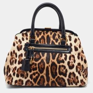 Dolce & Gabbana Brown Leopard Print Calfhair and Leather Frame Satchel