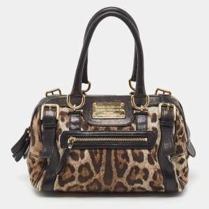 Pre Owned Dolce & Gabbana Black/Brown Leopard Print Canvas Miss Easy Way Satchel