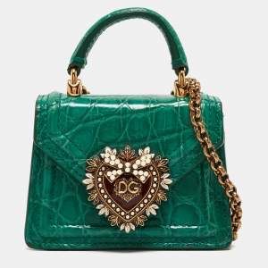 Pre Owned Dolce & Gabbana Green Crocodile Micro Devotion Bag
