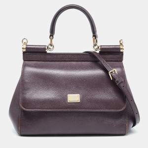 Dolce & Gabbana Burgundy Leather Small Miss Sicily Top Handle Bag