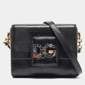 Pre Owned Dolce & Gabbana Black Lizard Embossed Leather Mini DG Millennials Crossbody Bag