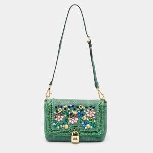 Pre Owned Dolce & Gabbana Green Raffia and Leather Crystals Embellished Padlock Shoulder Bag