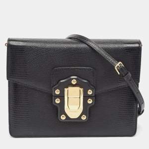 Pre Owned Dolce & Gabbana Black Lizard Embossed Leather Lucia Medium Shoulder Bag
