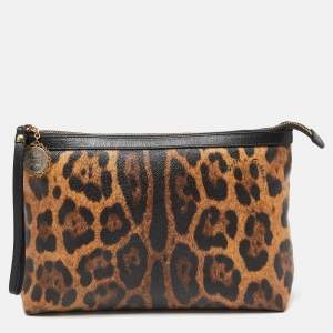 Pre Owned Dolce & Gabbana Brown/Black Leopard Print Coated Canvas and Leather Wristlet Pouch