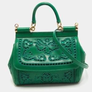 Dolce & Gabbana Green Leather Small Embroidered Miss Sicily Top Handle Bag