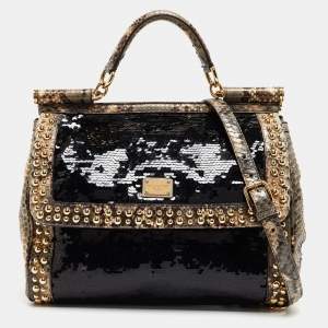 Pre Owned Dolce & Gabbana Multicolor Leather,Sequins and Python Large Miss Sicily Top Handle Bag