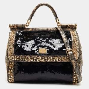 Dolce & Gabbana Multicolor Leather,Sequins and Python Large Miss Sicily Top Handle Bag