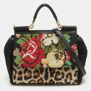 Dolce & Gabbana Multicolor Embroidered Crochet and Leather Large Miss Sicily Top Handle Bag