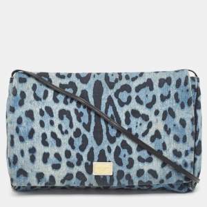 Pre Owned Dolce & Gabbana Blue/Black Leopard Print Denim Flap Shoulder Bag