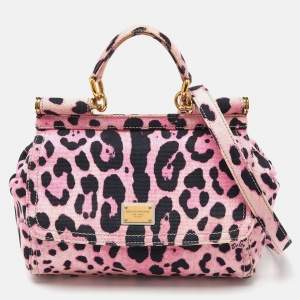 Pre Owned Dolce & Gabbana Pink/Black Leopard Print Canvas Medium Miss Sicily Top Handle Bag