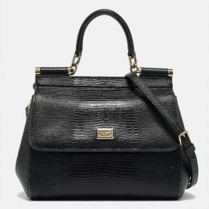 Pre Owned Dolce & Gabbana Green Lizard Embossed Leather Small Miss Sicily Top Handle Bag