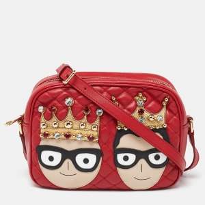 Pre Owned Dolce & Gabbana Red Leather Glam Embellished Camera Bag