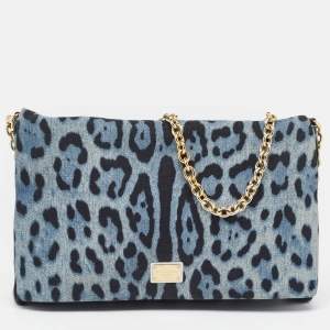 Pre Owned Dolce & Gabbana Blue/Black Leopard Print Denim Flap Shoulder Bag