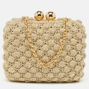 Pre Owned Dolce & Gabbana Gold Lurex Fabric Kiss Lock Frame Chain Clutch