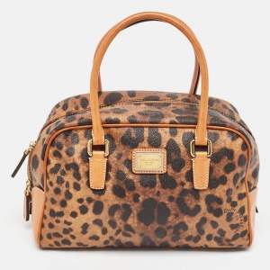 Pre Owned Dolce & Gabbana Brown/Black Leopard Print Coated Canvas and Leather Satchel