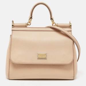 Pre Owned Dolce & Gabbana Beige Leather Medium Miss Sicily Top Handle Bag