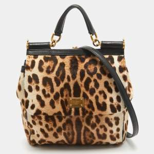 Dolce & Gabbana Brown/Beige Leopard Print Calfhair and Leather Medium Sicily Top Handle Bag