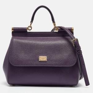Pre Owned Dolce & Gabbana Purple Leather Medium Miss Sicily Top Handle Bag